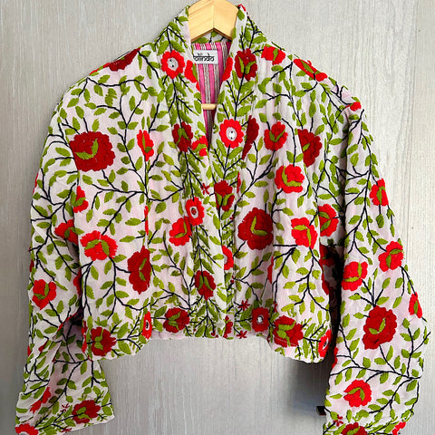 White with Red and Orange Flowers Crop Bohemian Jacket