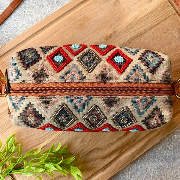 Hand Embroidered Red on Tan Sling Bag