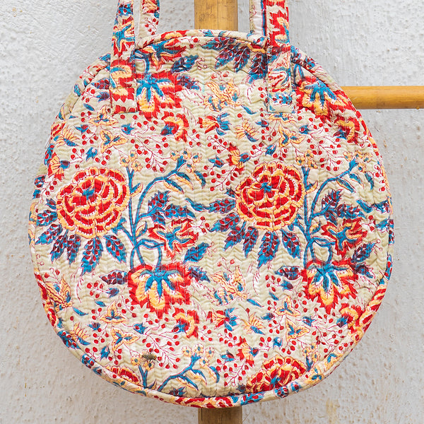 Organic Cotton Hand Printed & Quilted Round Shoulder Bag - Beige