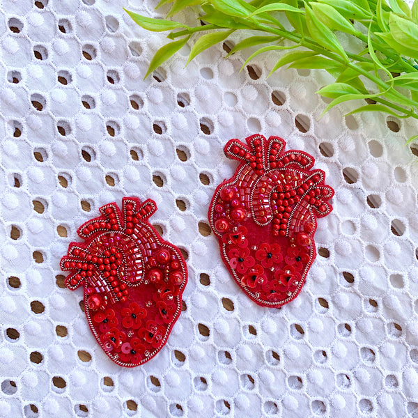 Hand Embroidered Heart Earrings