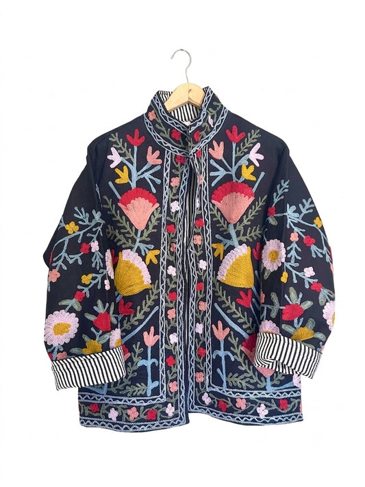 Black with Flowers Cotton Embroidered Jacket