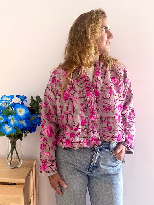 Off White with Pink Flowers Crop Bohemian Embroidered Jacket