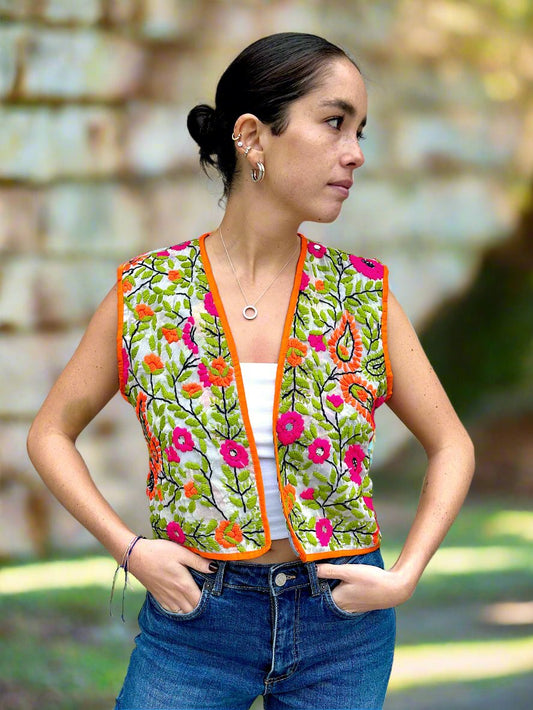 Orange And Green Crop Bohemian Embroidered Vest