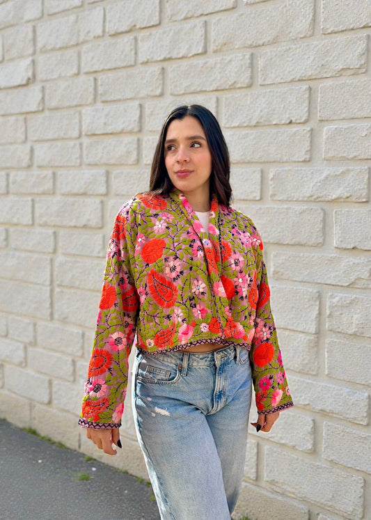 Orange with Pink Flowers Crop Bohemian Embroidered Jacket