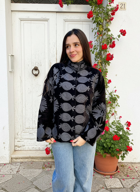 Black and Grey Suzani Velvet Embroidered Jacket