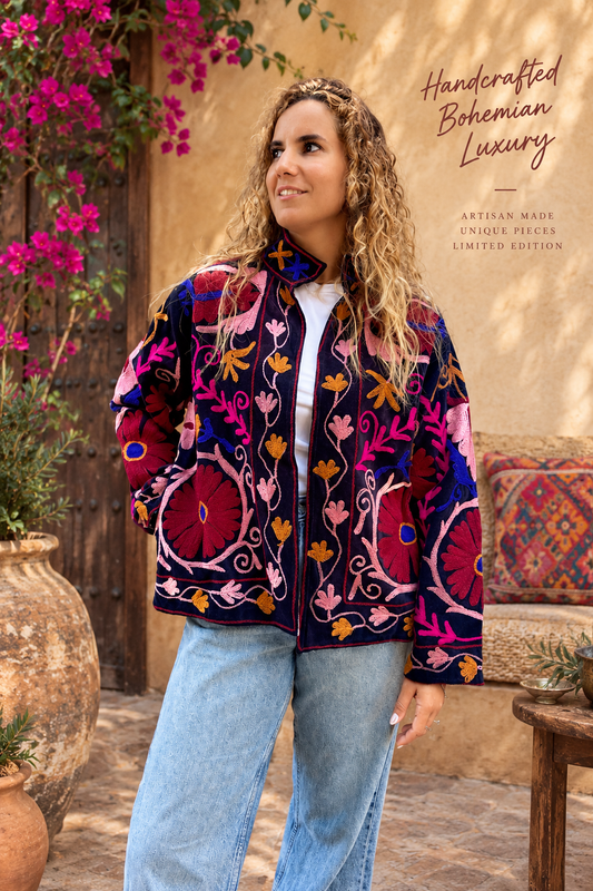 Black Bohemian Motifs Suzani Velvet Embroidered Jacket