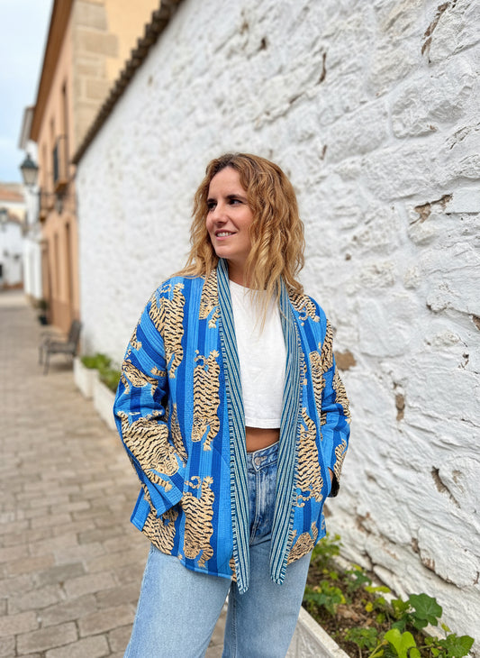 Blue Stripes Tiger Printed Cotton Wrap Reversible Jacket