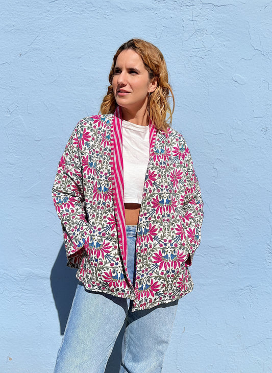 Pink and Blue Floral Block Printed Cotton Wrap Reversible Jacket