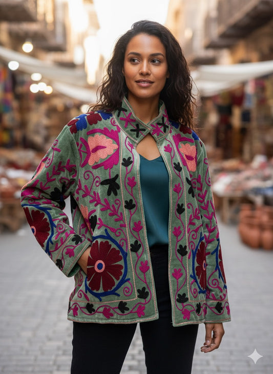Olive Green with Maroon and Pink Suzani Velvet Embroidered Jacket