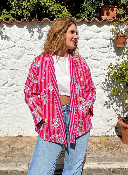 Pink Stripes Dragon Printed Cotton Wrap Reversible Jacket