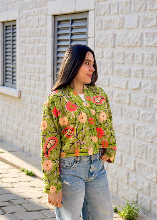 Green with Orange Flowers Crop Bohemian Embroidered Jacket