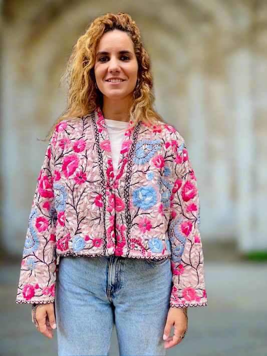 Pink Flowers and Powder Blue Paisley Crop Bohemian Embroidered Jacket
