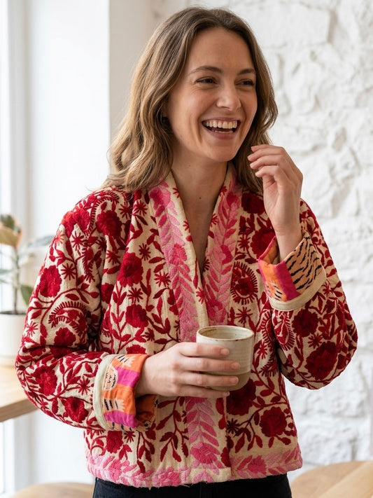 Off White with Red Flowers Crop Bohemian Embroidered Jacket