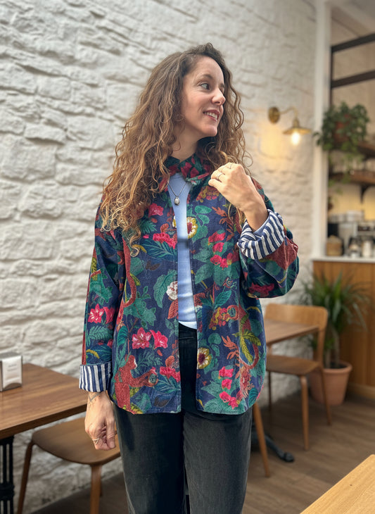 Navy Blue Monkey Forest Short Velvet Printed Jacket