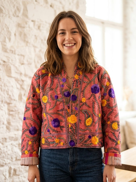 Purple and Yellow Flowers Crop Bohemian Embroidered Jacket
