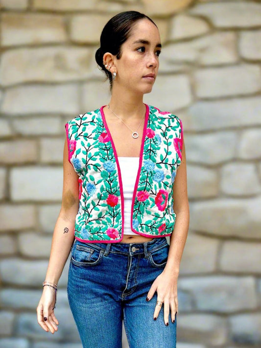 Pink and Blue Flowers Bohemian Embroidered Vest