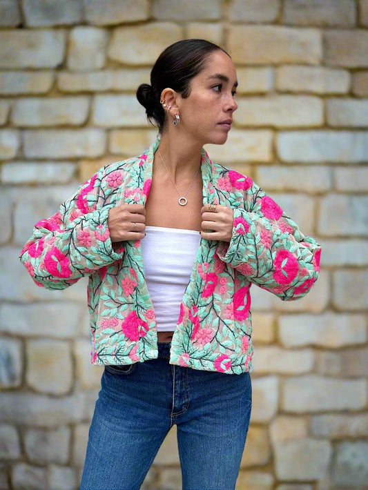 Mint Green with Pink Flowers Crop Bohemian Embroidered Jacket
