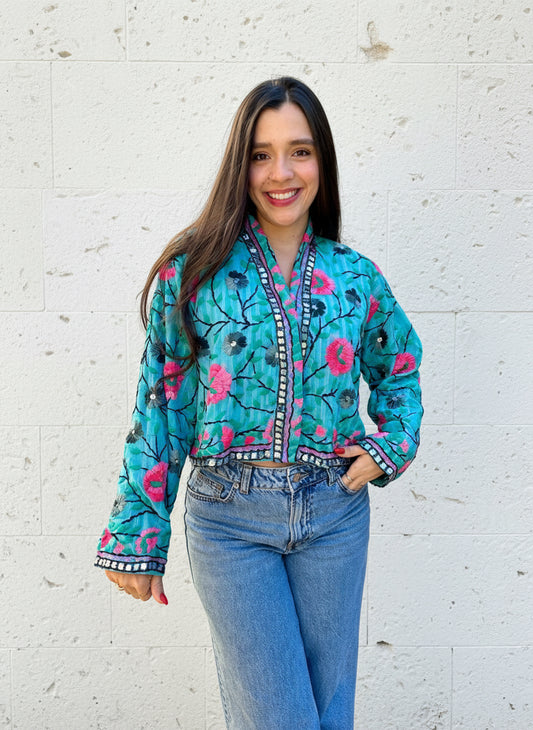 Blue with Pink and Grey Flowers Crop Bohemian Embroidered Jacket