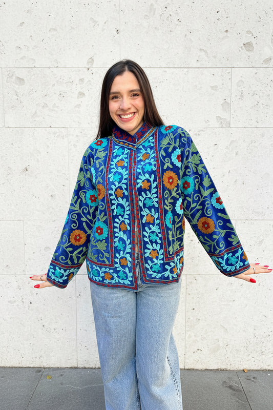Electric Blue Suzani Velvet Embroidered Jacket