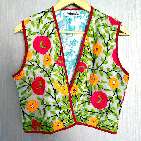 Green on White with Yellow Flowers Crop Bohemian Jacket