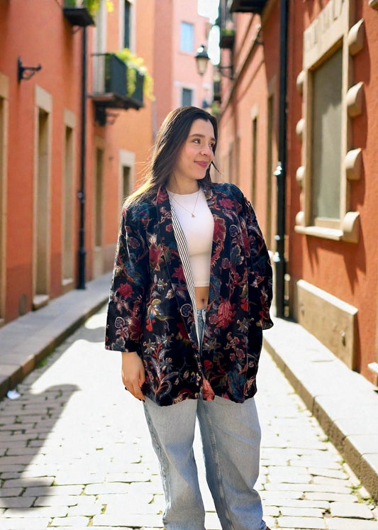 Black Floral Short Velvet Printed Jacket