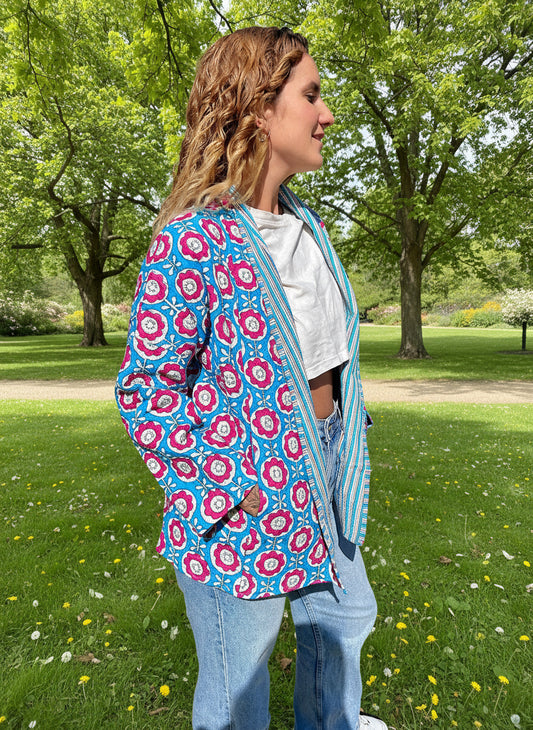 Blue and Pink Floral Block Printed Cotton Wrap Reversible Jacket