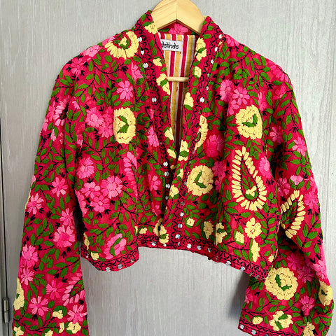 Bright Pink with Yellow Flowers Crop Bohemian Jacket