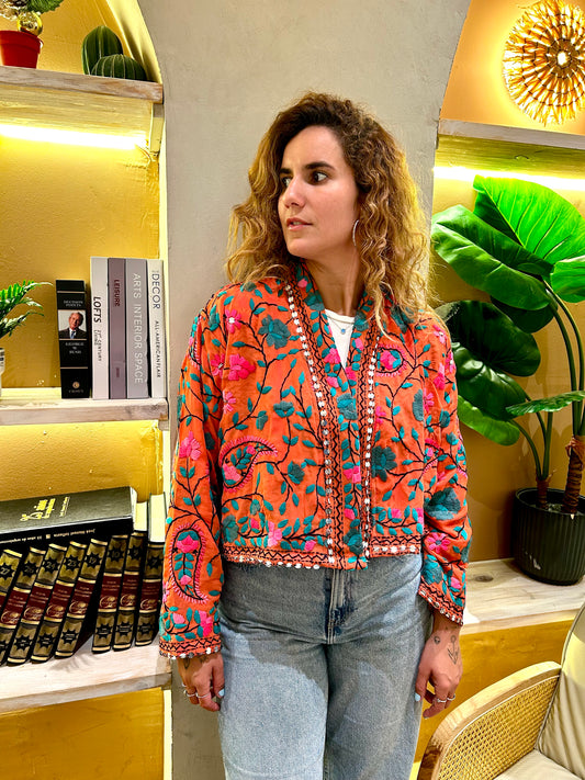 Orange with Grey Flowers Crop Bohemian Embroidered Jacket