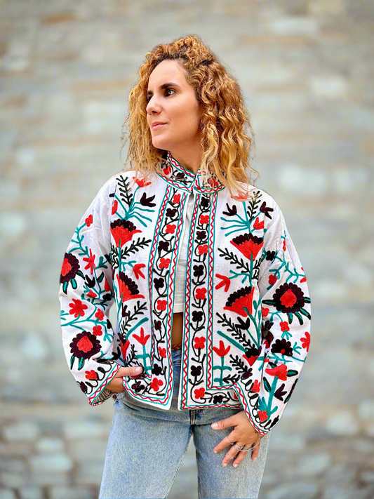 White with Orange Floral Cotton Embroidered Jacket