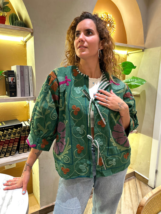 Green Monochrome Balloon Sleeve Cotton Embroidered Jacket