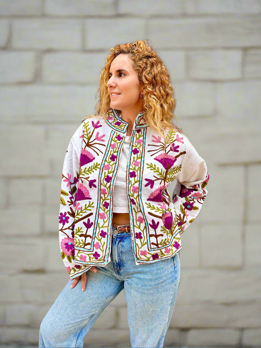 White with Purple Floral Cotton Embroidered Jacket