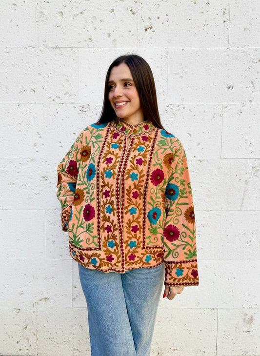 Cream with Colourful Flowers Suzani Velvet Embroidered Jacket