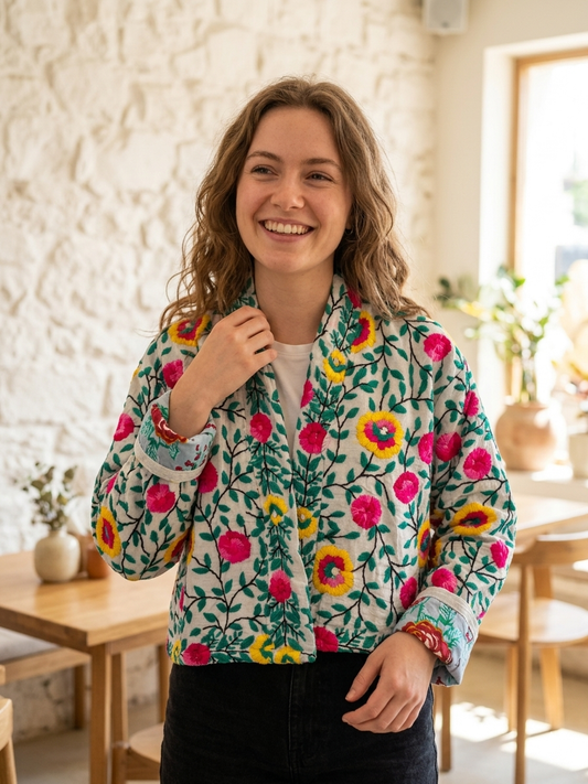 Ivory with Pink and Yellow Flowers Crop Bohemian Embroidered Jacket