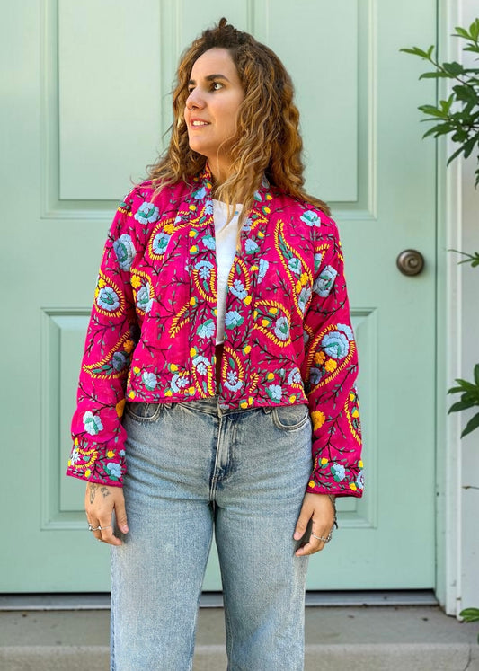 Pink with Blue and Yellow Crop Bohemian Embroidered Jacket