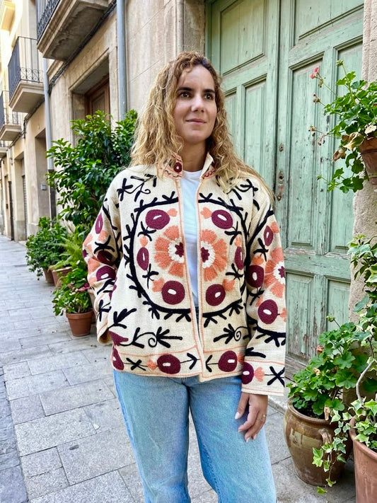 Beige with Pomegranates Suzani Cotton Embroidered Jacket