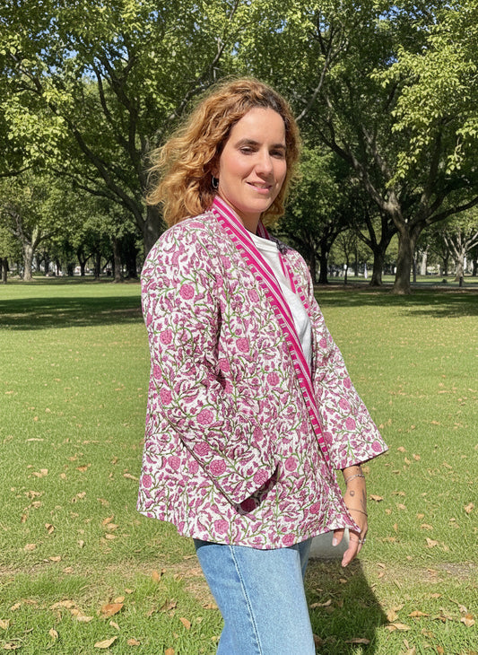 Pink and White Floral Printed Cotton Wrap Reversible Jacket