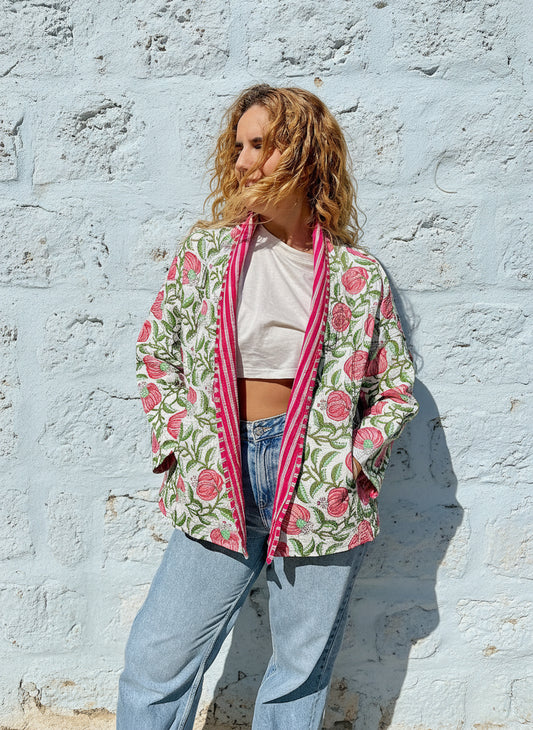 Pink Floral Printed Cotton Wrap Reversible Jacket