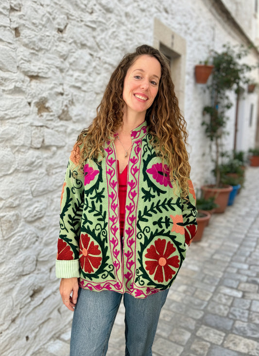 Pistachio Green with Colours Suzani Cotton Embroidered Jacket