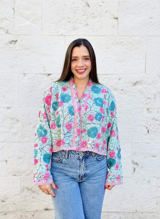 Grey and Pink Flowers Crop Bohemian Embroidered Jacket