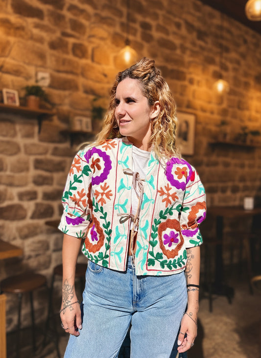 Beige Balloon Sleeve Cotton Embroidered Jacket