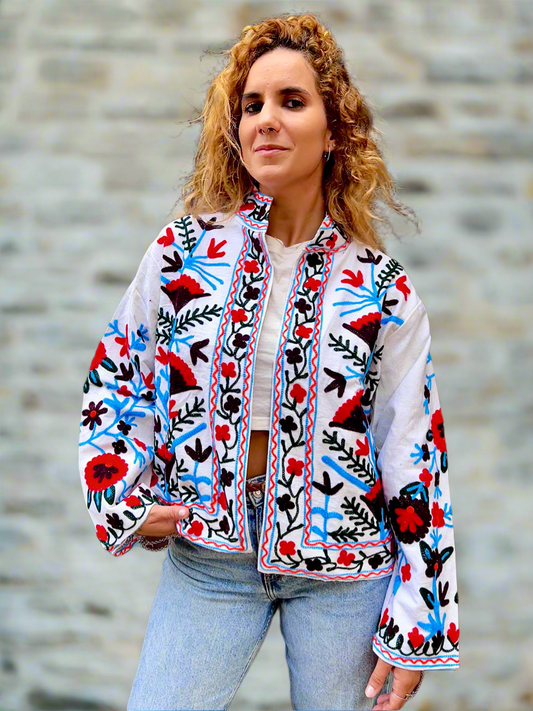 White with Red Black and Turquoise Flowers Cotton Embroidered Jacket