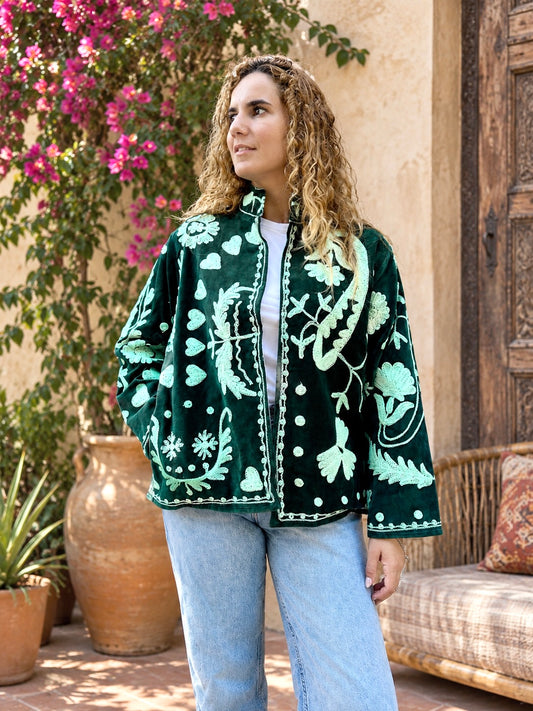 Emerald Green Love Suzani Velvet Embroidered Jacket