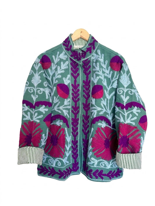 Jade Green with Magenta Boho Cotton Embroidered Jacket