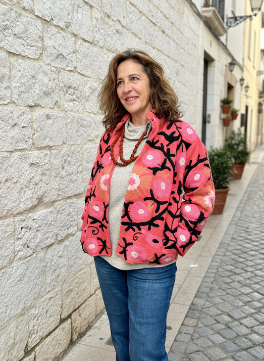 Pink with Black and Peach Suzani Cotton Embroidered Jacket