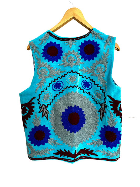 Cyan Blue and Grey Velvet Embroidered Vest