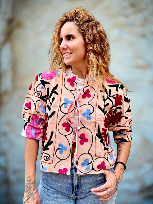 Peach Balloon Sleeve Cotton Embroidered Jacket