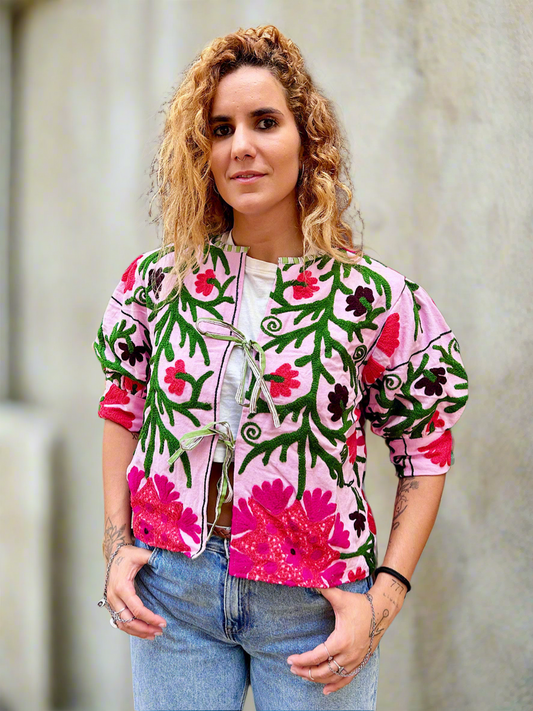 Baby Pink Balloon Sleeve Cotton Embroidered Jacket