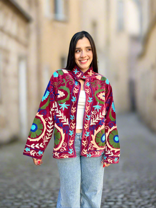 Burgundy Boho Suzani Velvet Embroidered Jacket