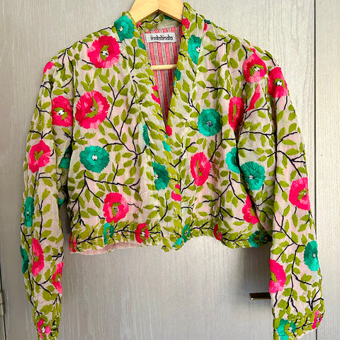 Bright Green and Pink Flowers Crop Bohemian Jacket