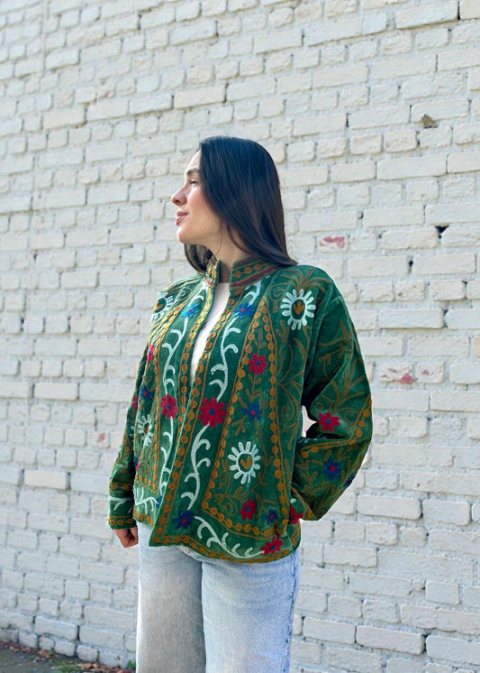 Emerald Green Suzani Velvet Embroidered Jacket